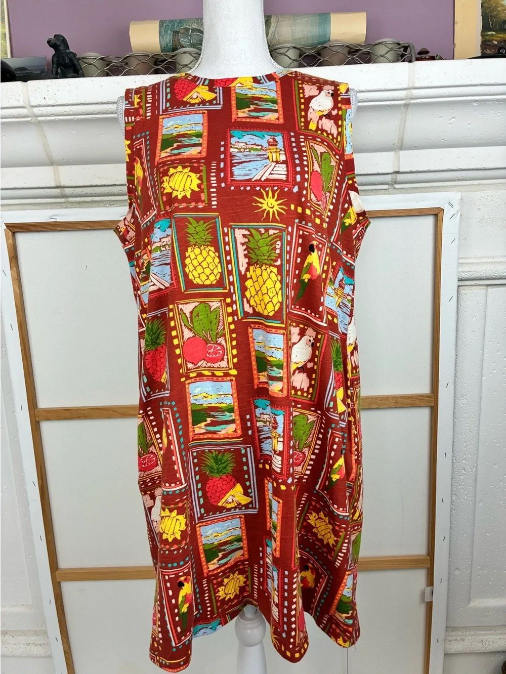 Red Multi Tropical Print Cotton Shift Dress w/Pockets never worn